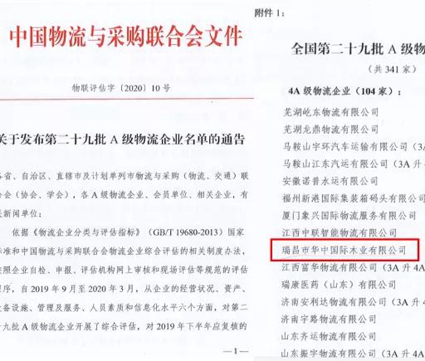 全國第二十九批A級物流企業(yè)發(fā)布華中國際木業(yè)榜上有名